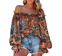 Frauen Casual Retro Druck EIN Wort Kragen Schulterfrei Langarm Bluse T-Shirt Top T Shirt Damen Sommer Weis Bluse Mit Kragen