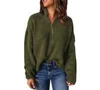 Frauen Dicker Pullover mit Reißverschluss Stand Kragen im Herbst und Winter Solid Color Retro Slim Pullover Pullover Bluse (Grün,M)