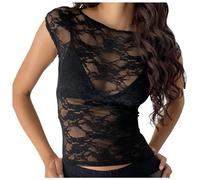 Frauen Durchsichtige Rundhals T-Shirt Damen Mesh Oberteile Transparentes Crop Top Kurzarm Sheer Netz Shirt Top Sexy Spitzen Netzoberteil Casual Slim Fit Party Bluse Tunika Tops Clubwear (Black, L)