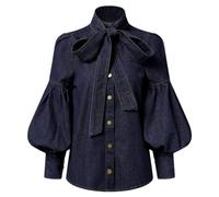 Frauen Fliege Design Imitation Denim Puff Sleeve Shirt Frühling Und Herbst Hohe Kragen Mode Shirt Tops