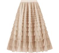 Frauen geschichtet Tüll Röcke A-Linie Rüsche hoch taillierte Mesh Langen Maxirock (Khaki,M)