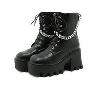 Frauen Goth Plattform Knöchelstiefel mit Fledermausflügelschnallen klobige Blockschuhe runden Zehen Reißverschluss Punk Motorrad -Kampfstiefel Comfy Short Gothic Booties