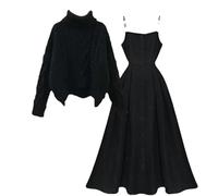 Frauen Herbst Winter Set Koreanische Elegante Vintage High Neck Gestrickte Pullover A-Linie Träger Kleid Zwei Stück Anzug Black Set L