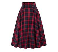 Frauen Karierter Rock Vintage A Linie Hohe Taille Faltenrock Kariert Midirock Lang Vintage Elegant Plaid Röcke Casual Rock Midi Rock Retro Vintage Rockabilly Knielang Festliche Röck (Red-a, XXL)