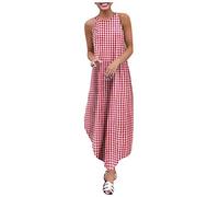Frauen Kleider Party Elegant Damen Sommer Mode Rundhals Plaid Print Schwalbenschwanz Sling Kleid für Frauen Sommer (Rot XXL)
