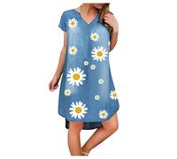 Frauen Kleider Party Elegant, Frauen Baggy Tunika Kleid Casual Kurzarm Floral Shift Kleider Midi Kleid für Frauen Sommer (Blau M)