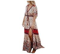 Frauen Kleider Party Elegant, Frauen Mode Bohemian Gypsy Boho Print V-Ausschnitt Drei Viertel Ärmel Maxikleid Kleid für Frauen Sommer (Blau S)