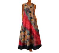 Frauen Kleider Party Elegant, Frauen Plus Size Ärmellos Pfau Druck Lange Maxikleid Boho Sommer Strandkleid Kleid für Frauen Sommer (Rot 3XL)