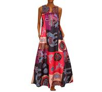 Frauen Kleider Party Elegant, Frauen Plus Size Druck Täglich Casual Ärmellos Vintage Bohemian V-Ausschnitt Maxikleid Kleid für Frauen Sommer (Weinrot XL)