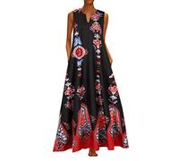 Frauen Kleider Party Elegant, Frauen Plus Size Druck Täglich Casual Ärmellos Vintage Bohemian V Ausschnitt Maxikleid Kleid für Frauen Sommer (Schwarz S)