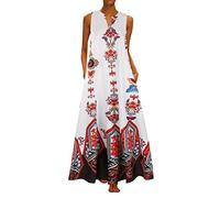 Frauen Kleider Party Elegant, Frauen Plus Size Druck Täglich Casual Ärmellos Vintage Bohemian V Ausschnitt Maxikleid Kleid für Frauen Sommer (Weiß XL)