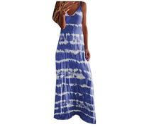 Frauen Kleider Party Elegant, Frauen Rundhals Ärmellos Farbverlauf Tie-Dye Gestreifte Casual Bohemian Maxikleid Kleid für Frauen Sommer (Blau 5XL)