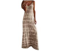 Frauen Kleider Party Elegant, Frauen Rundhals Ärmellos Farbverlauf Tie-Dye Gestreiftes Casual Bohemian Maxikleid Kleid für Frauen Sommer (Khaki S)
