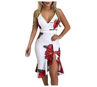 Frauen Kleider Party Elegant, Frauen Sommer Ärmellos Gedruckt Casual Strand Party Kleid Rüschen Kleid für Frauen Sommer (Weiß XL)