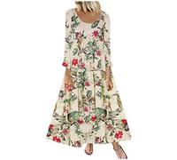 Frauen Kleider Party Elegant, Frauen Vintage Bohe Wave Point Print Kleid Langarm O-Neck Maxikleid Kleid für Frauen Sommer (Beige M)