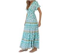 Frauen Kleider Party Elegant Frühling Sommer Boho Stil Druck Lange V-Ausschnitt Kleid Kleid für Frauen Sommer (Blau XL)