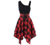 Frauen Kleider Party Elegant, Mode Frauen Ärmellos Cold Shoulder Cross Lace Up Plaid Print Unregelmäßiges Kleid Kleid für Frauen Sommer (Rot L)