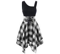 Frauen Kleider Party Elegant, Mode Frauen Ärmellos Cold Shoulder Cross Lace Up Plaid Print Unregelmäßiges Kleid Kleid für Frauen Sommer (Weiß S)