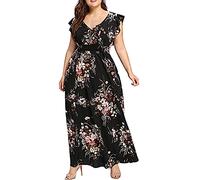 Frauen Kleider Plus Größe Sexy V-Ausschnitt Blumendruck Boho Strand Langes Chiffonkleid Ärmelloses Sommerkleid Weiblich XXXL C