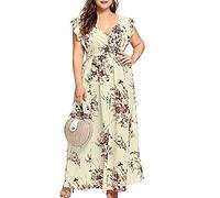 Frauen Kleider Plus Size Sexy V-Ausschnitt Blumendruck Boho Strand Langes Chiffonkleid Ärmelloses Sommerkleid Weiblich XXXL A