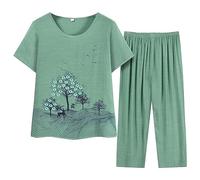 Frauen Kurzarm Sommerkragen Drucken Lose Mittleres Und Ältere Baumwolle Und Leinen Zweiteiler 2 Teiler Damen Und Oberteil (Green, XXXL)