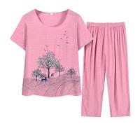 Frauen Kurzarm Sommerkragen Drucken Lose Mittleres Und Ältere Baumwolle Und Leinen Zweiteiler 2 Teiler Damen Und Oberteil (Pink, XL)