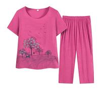 Frauen Kurzarm Sommerkragen Drucken Lose Mittleres Und Ältere Baumwolle Und Leinen Zweiteiler 2 Teiler Damen Und Oberteil (Red, XXXL)