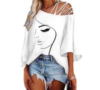 Frauen Kurzarmhemd Mode Damen Blusen Lockerer Komfort Lässig Schräger Kragen Baumwolle Damen Schulterfreie Oberteile Druck Abstraktes T-Shirt Fledermausärmel Pullover