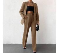 Frauen Lässig einfarbiges Anzug Set mit Revers-Kragen Jacke und langen Hosen