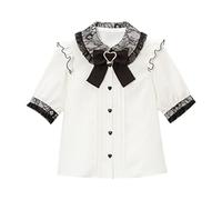Frauen Lolita Bluse Teen Spitze Kurze Puffärmel Shirt Peter Pan Kragen Gothic Kawaii Vintage Rüschen Top mit Schleife, Weiß, S