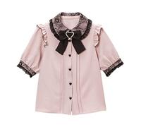 Frauen Lolita Bluse Teen Spitze Kurze Puffärmel Shirt Peter Pan Kragen Gothic Kawaii Vintage Rüschen Top mit Schleife, Rosa, S