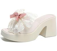 Frauen Mode Süße Spitze Lolita Prinzessin Bogen Slope Heel Schuhe für Prom und Dressy Anlässe Y2K Märchen Stil hochhackigen Strand Flip Flops (Weiß,41)