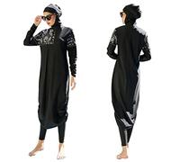 Frauen Muslimische Badeanzug Burkini Damen Muslim Full Cover Islamisch Arabisch Jilbab Schwimmanzug Langarm Schwimmoberteile Built in Bra+Schwimmhose+Hijab 3tlg Ganzkörper Modest Bademode 2#Schwarz M