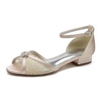 Frauen Peep Toe Flats Hochzeit Brautschuhe Spitze Satin Strass Sandalen Knöchelriemen Party Prom Sandalen