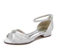 Frauen Peep Toe Flats Hochzeit Brautschuhe Spitze Satin Strass Sandalen Knöchelriemen Party Prom Sandalen
