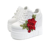 Frauen Plattform Bestickte Erhöht Turnschuhe Komfort Versteckt Hohe Absätze Leder Keile Tennis Mode Atmungsaktiv Joggen Gehen Kleid Turnschuhe Orthesen Niedrig-Top Braut Hochzeit Schuhe(White,35 EU)