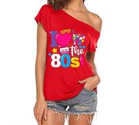Frauen Retro Hemd, 80er Jahre schulterfreie Oberteile Vintage 80er Jahre Party T-Shirt, Damen Mütze Ärmel Disco Neon Festliche T-Shirts Top