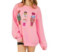 Frauen Santa Weihnachten Nussknacker Sweatshirt Pailletten Neuheit 3D Druck Rundhalsausschnitt Langarm Pullover Sweatshirts Tops, A-Pink, 46