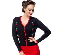 Frauen Schwarze Basic Damen Strick-Jacke mit gestickten Kirschen Langen Ärmeln und roten Punkten Retro zum knöpfen vorn Vintage S