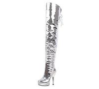 Frauen Sexy High Heel Oberschenkelhohe Stiefel Plattform Booties Reißverschluss Overknee Stiefel Party Stripper Club Schuhe,Silber,41 EU