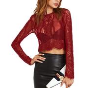 Frauen Sexy Spitze Crop Top Langarmbluse Elegantes T-Shirt Blumenspitze Transparentes Top Freizeithemd Durchsichtiges Top Frauen Mesh Crop Top Frauen Sheer Mesh Shirt Kurz geschnittenes T-Shirt Top