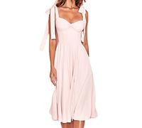 Frauen Sommer Krawatte Träger Split Midi Kleid Wrap Solid Blumendruck Ärmellos Rüschen Casual Vintage A Linie Strandkleid, rose, S