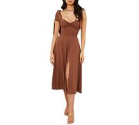 Frauen Sommer Krawatte Träger Split Midi Kleid Wrap Solid Blumendruck Ärmellos Rüschen Casual Vintage A Linie Strandkleid, Braun, S