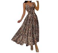 Frauen Swing Kleid Sommer Ärmellose Faltenkleider Lässig Blumenblatt Leopardenmuster Schlichtes Sommerkleid Sexy Deep V-Neck Sling Rückenfrei Knöchellanges Maxikleid Strandkleid Partykleider(M,Beige)