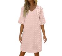 Frauen V-Ausschnitt Halbarm Hemdkleid Elegant Sommer Casual Einfarbig Kurzes Kleid Midikleid Freizeitkleider Mode Dress