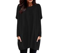 Frauen Winter Bequem Rundhals Langarm Lange T Shirt Top Tasche Puff Sleeve Print Top (Black, XXXL)