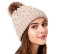Frauen Winter Warme Beanie Mütze Strickmütze mit Pompon Schnee Knit Skull Skimütze für Frauen Mädchen (Beige)