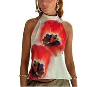Frauen Y2k Halter Tank Top Floral Print Sommer Ausgehen Crop Tops Sexy Open Back Boho Strand Camisoles (Weiß,S)