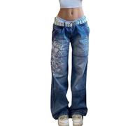 Frauen Y2K Hohe Taille Jeans Gothic Baggy Gothic Cargo Jeans Breites gerades Bein Punk Denim Hosen Lose Hosen Streetwear, #1-1Blue, S
