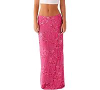 Frauen Y2k Pailletten Langer Rock Sparkly Beaded Floral Maxi Rocks Strass Glitter Midi Rock Streetwear (Rosa,L)